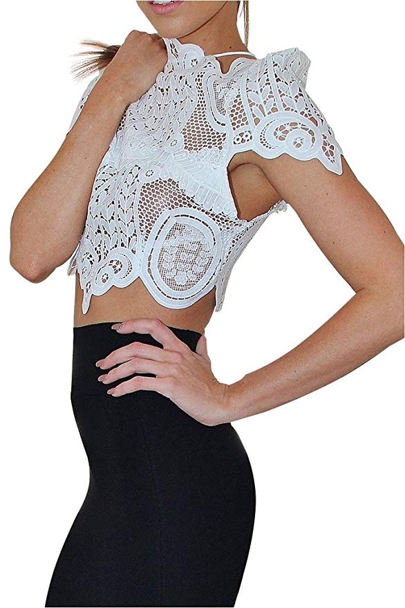 Women's Short Sleeve Sheer Mesh Floral Lace Crochet Crop Top Sexy Scallop Blouse