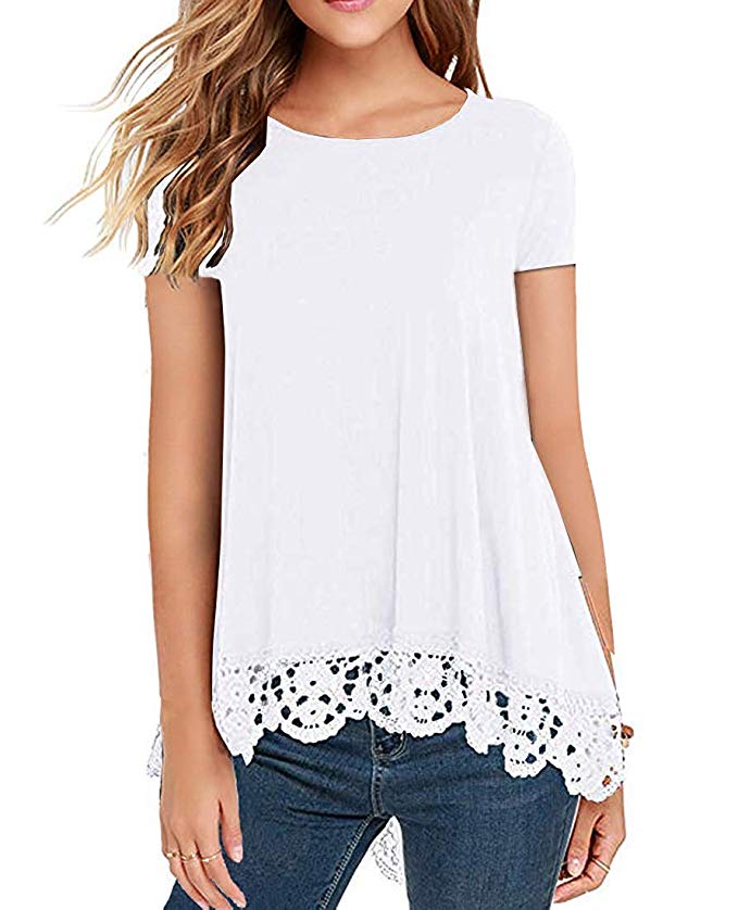 Women's Lace Trim Short/Long Sleeve Round Neck T Shirts Tunic Tops