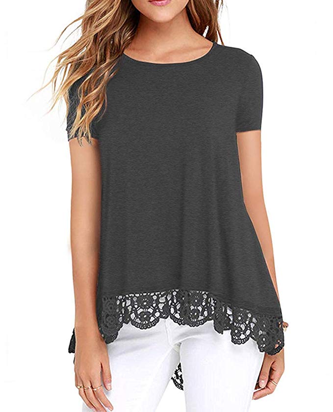 Women's Lace Trim Short/Long Sleeve Round Neck T Shirts Tunic Tops