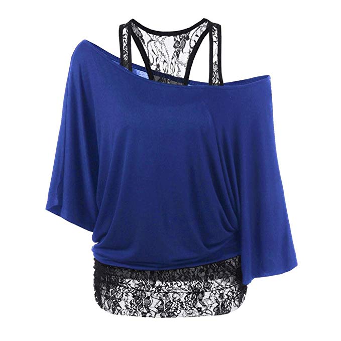 Women Sexy Fashion Lace Loose Long Sleeve Tank Tops Shirt Plus Size