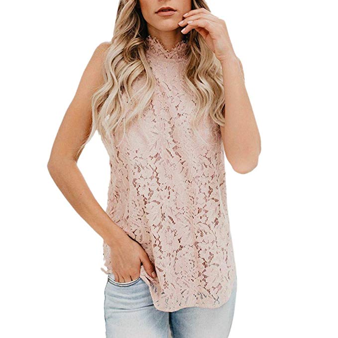 Women Lace Tops Casual Sleeveless/Long Sleeve O Neck Pleated Loose Hem Sexy Tank Top Blouse Shirt