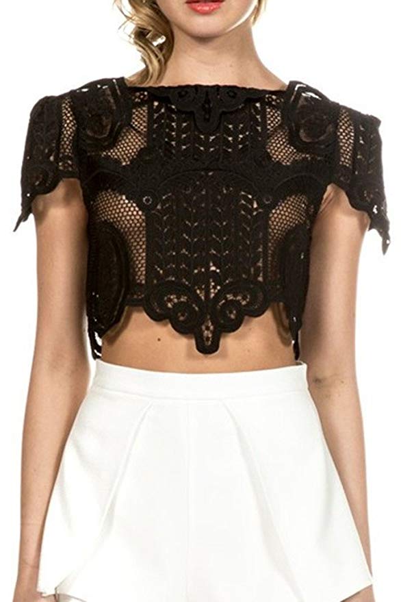 Women's Short Sleeve Sheer Mesh Floral Lace Crochet Crop Top Sexy Scallop Blouse