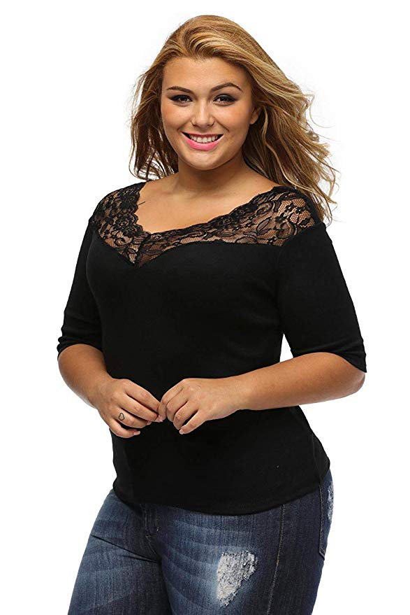 Women's 3/4 Sleeve Off Shoulder V Neck Tops Lace Neckline Spliced Blouse Shirts Plus Size