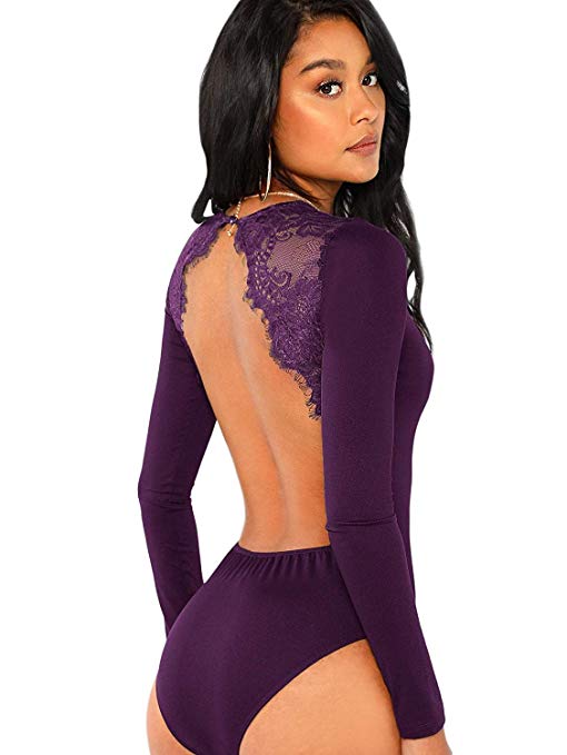 Women's Long Sleeve Backless Lace Applique Bodysuit