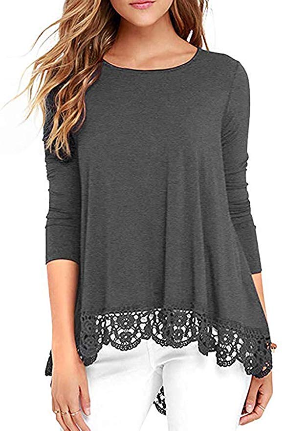 Women's Lace Trim Short/Long Sleeve Round Neck T Shirts Tunic Tops