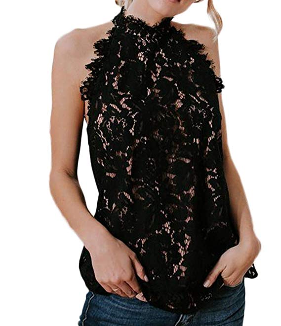 Women's Sleeveless Halter Neck Lace Blouse Top with Lining