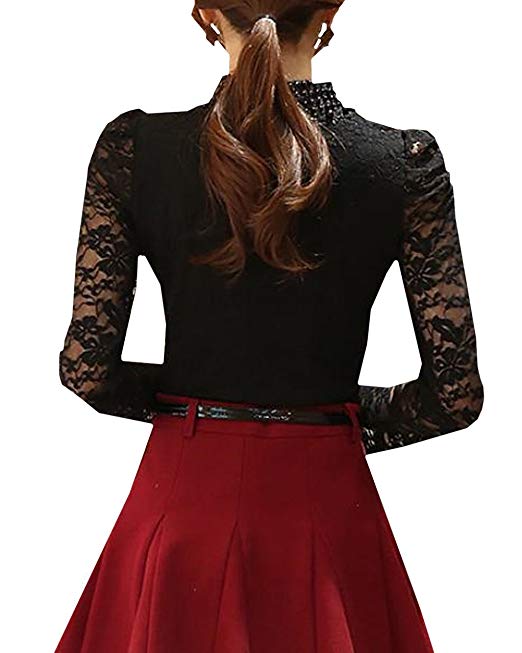 Women's Floral Lace Blouse Overlay Turtleneck Long Sleeve Sheer Party Tops