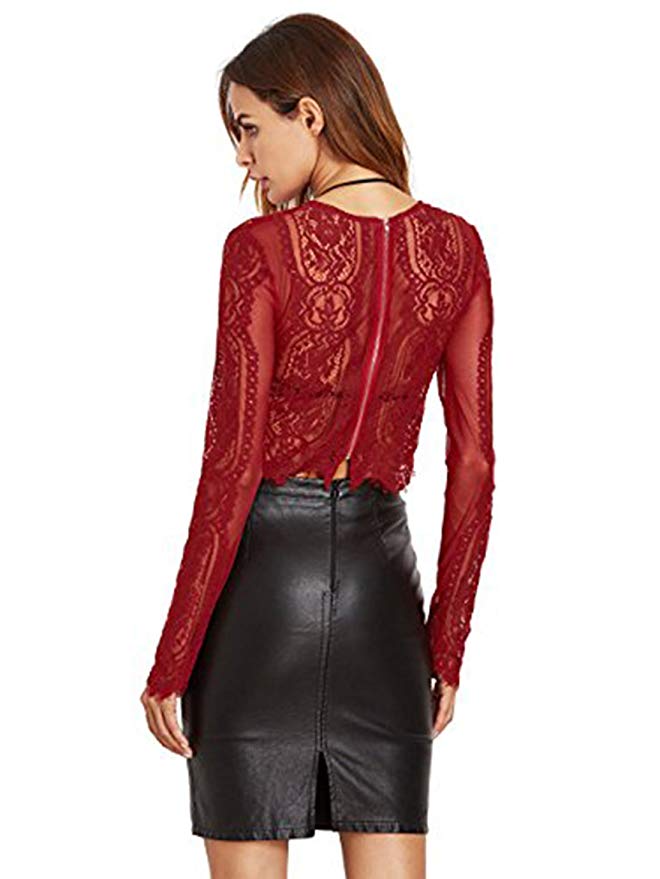 Women's Scallop Trim Sexy Sheer Blouse Mesh Lace Crop Top