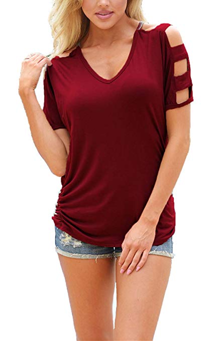 Neck T Shirts Loose Cut Out Shoulder Tops