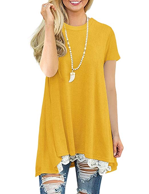 Women's Casual Lace Short Long Sleeve Tunic Top T-Shirt Blouse