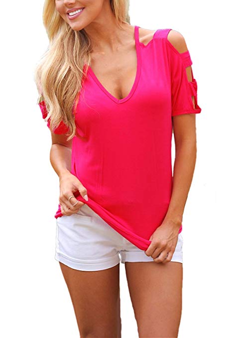 Neck T Shirts Loose Cut Out Shoulder Tops