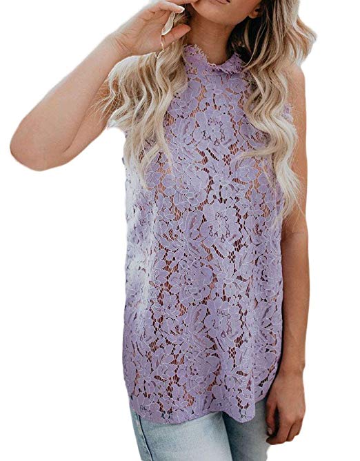 Women's Sleeveless Halter Neck Lace Blouse Top with Lining