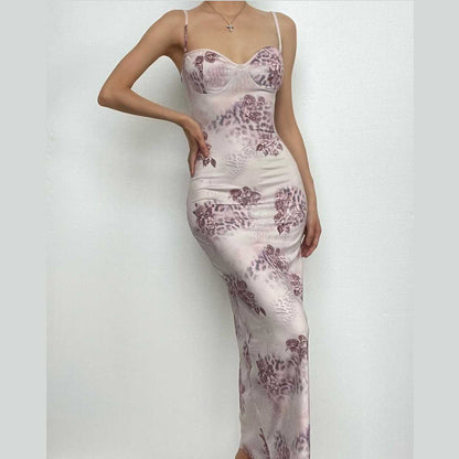 Leopard print sweetheart neck contrast backless cami maxi dress - Final Sale