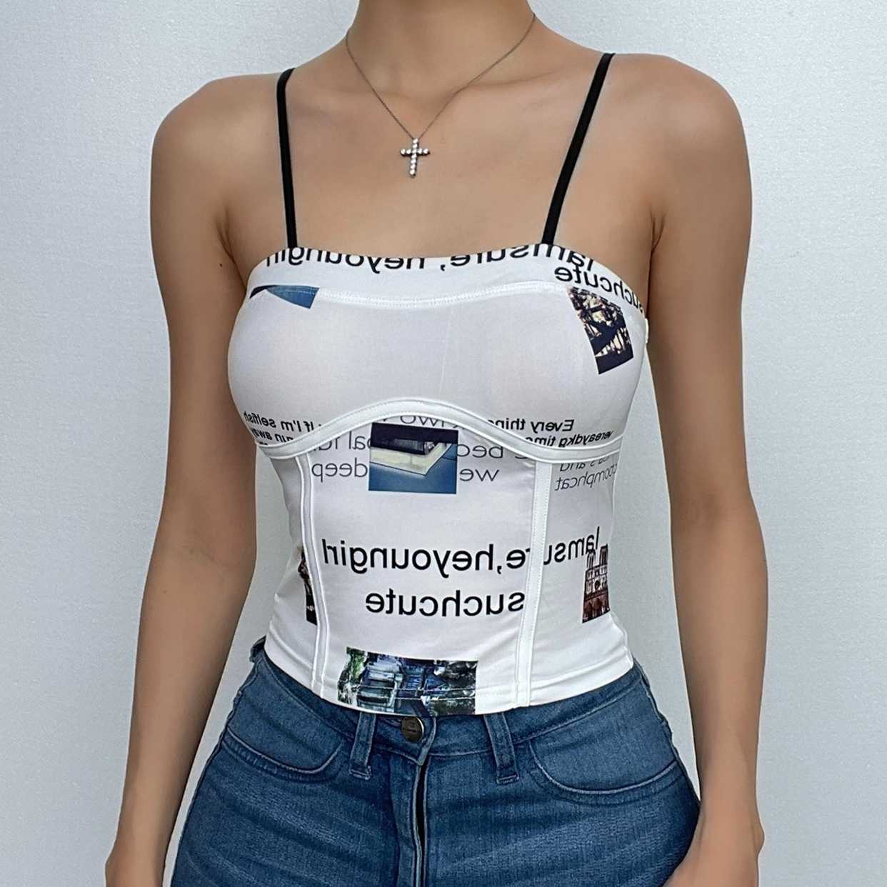 Contrast letter print backless corset cami crop top - Final Sale