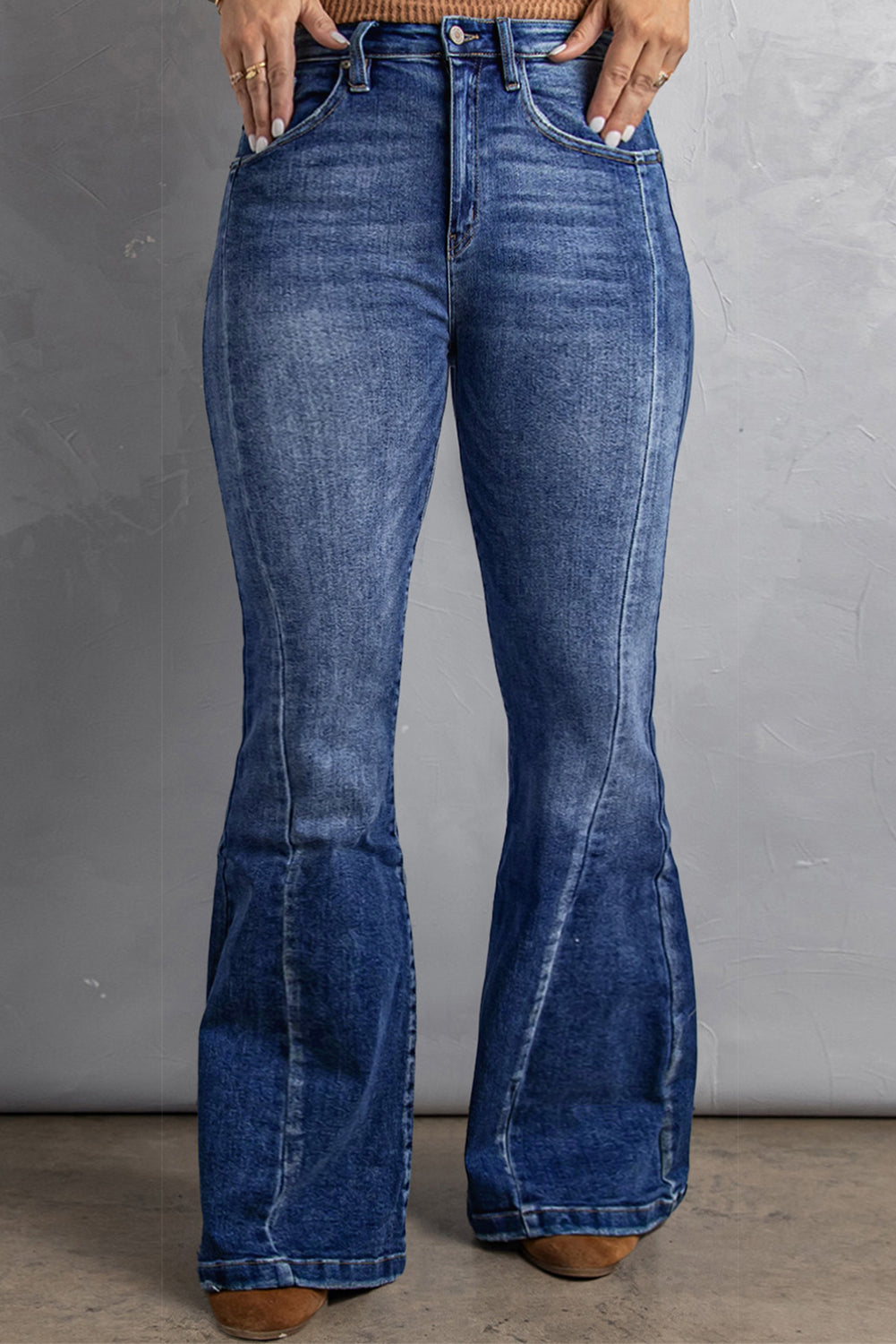 Dark Blue Plus Size Stitching Washed Flare Jeans Dark Blue 71%Cotton+27.5%Polyester+1.5%Elastane All In Stock bottoms clothes Fabric Denim Flare Jeans Jeans Occasion Daily pants Print Solid Color Season Spring Silhouette Flare Style Casual wide leg pants