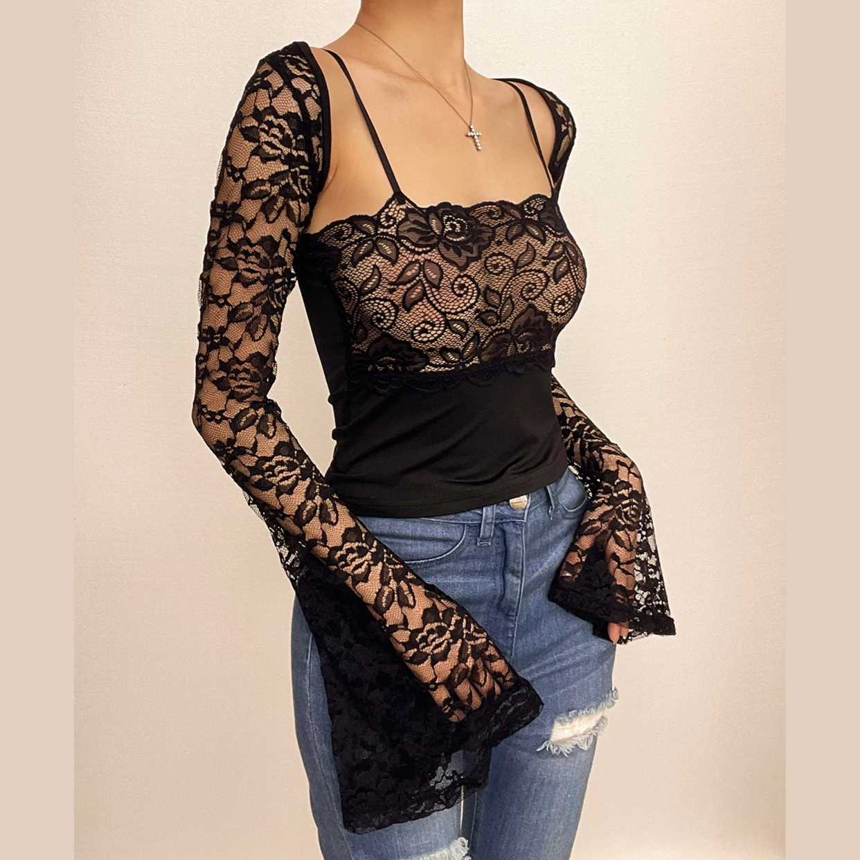 Lace see through square neck long sleeve shrug 2 piece cami crop top