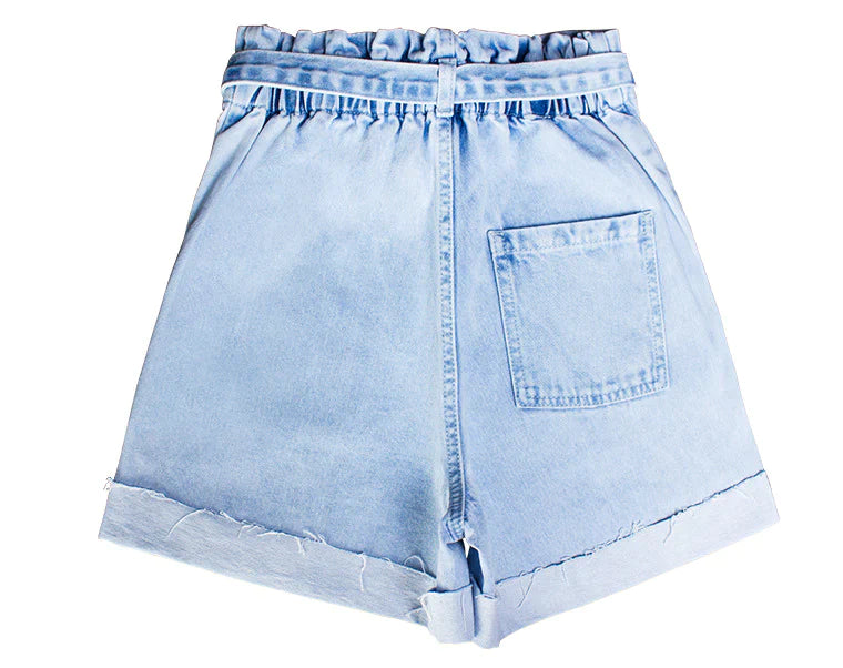 ELASTIC WAIST HEM WIDE LEG DENIM SHORTS