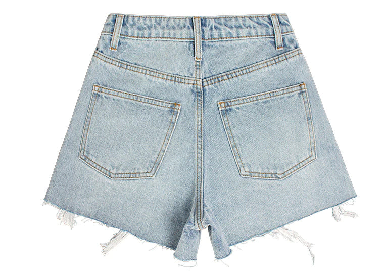 DENIM HIGH WAIST ABRASION IRREGULAR BURRS SHORTS