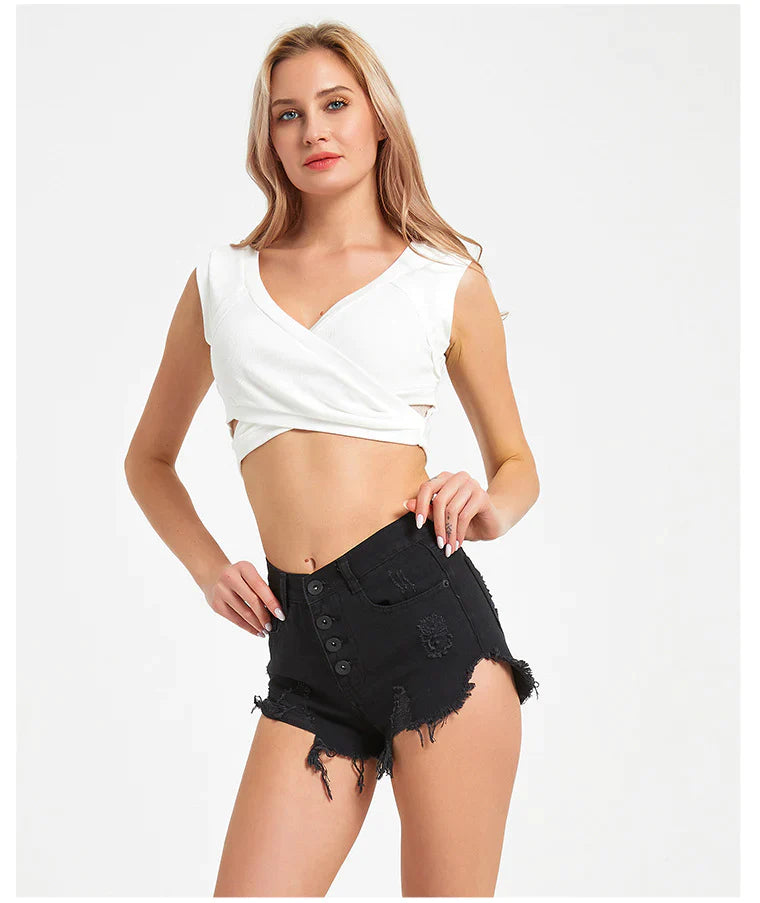 HIGH-BREASTED TASSEL DENIM SHORTS