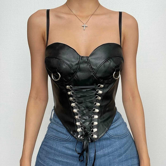 Lace up sweetheart neck PU leather zip-up cami crop top