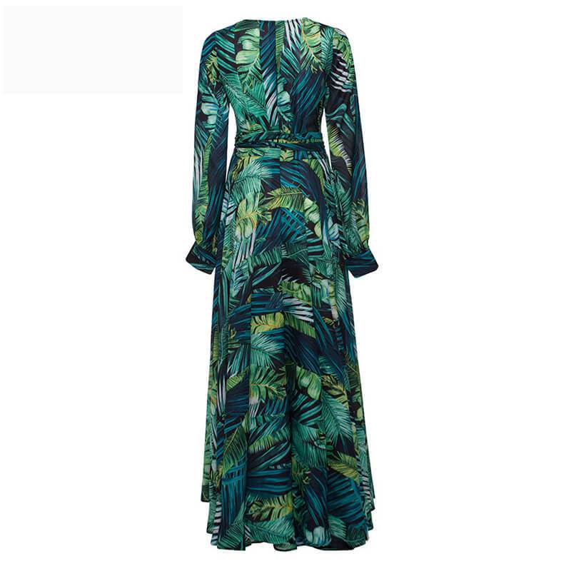 CityHottie V-Neck Leaf Print Maxi Dress