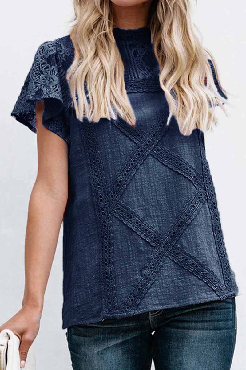 CityHottie Summer Geometric Stitching Lace Short Sleeves Tops