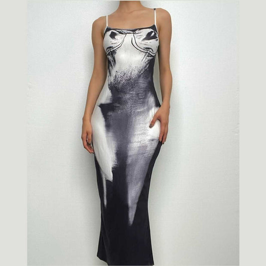 Square neck contrast print backless slit cami maxi dress