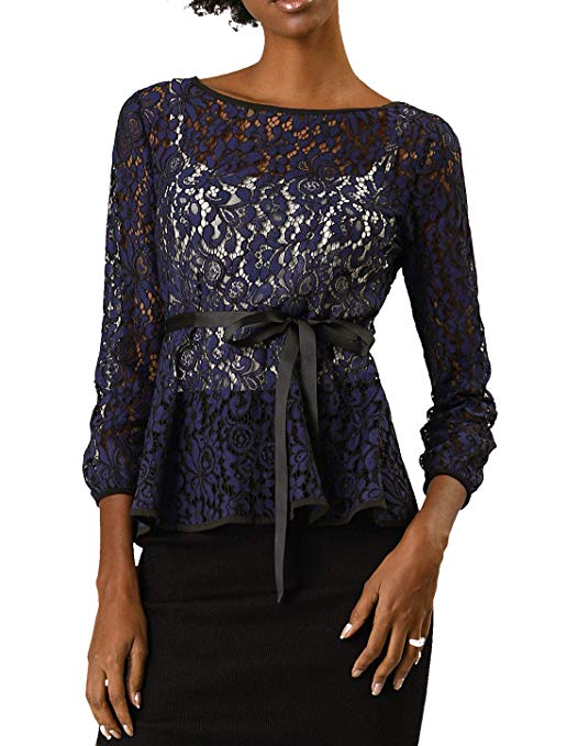 Women's Tie Waist Formal Long Sleeve Semi Sheer Lace Peplum Top