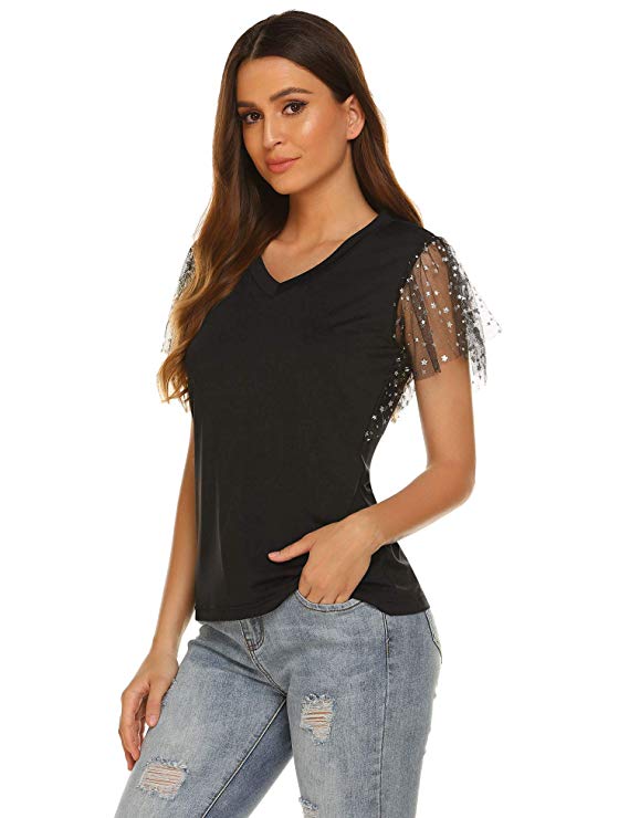 Womens V Neck Sheer Floral Lace Tops Sexy Short Sleeve Shirts