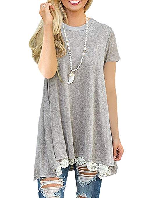 Women's Casual Lace Short Long Sleeve Tunic Top T-Shirt Blouse