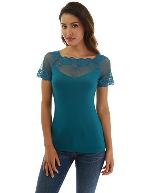 Women Scalloped Lace Inset V Neck Top