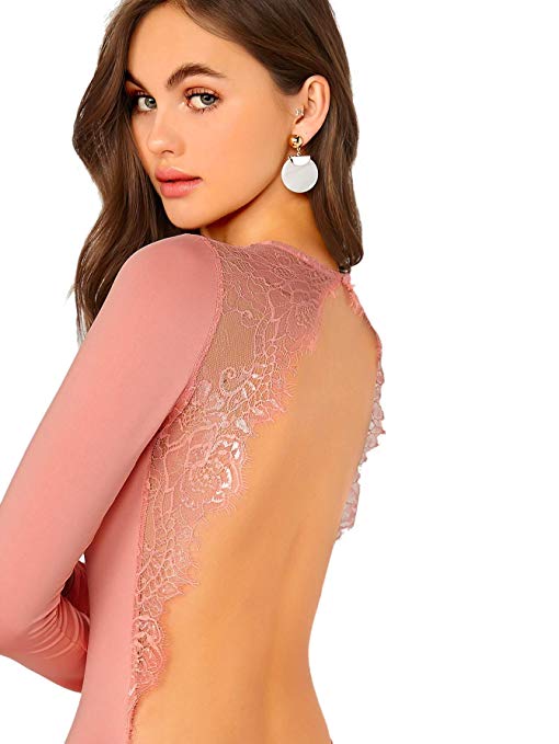 Women's Long Sleeve Backless Lace Applique Bodysuit