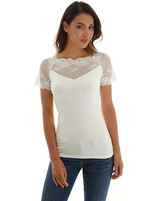 Women Scalloped Lace Inset V Neck Top