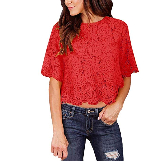 Women Summer Short Sleeve O Neck Double Lace Top T-Shirt