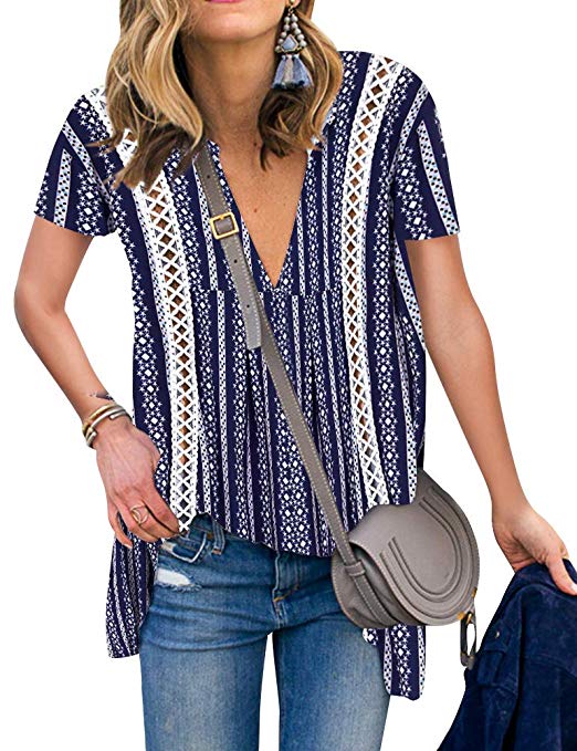 V Neck Hollow Out Floral Print Shirt Tops Long Blouse Tee