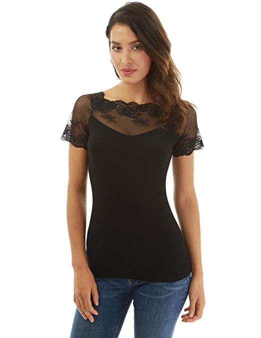 Women Scalloped Lace Inset V Neck Top