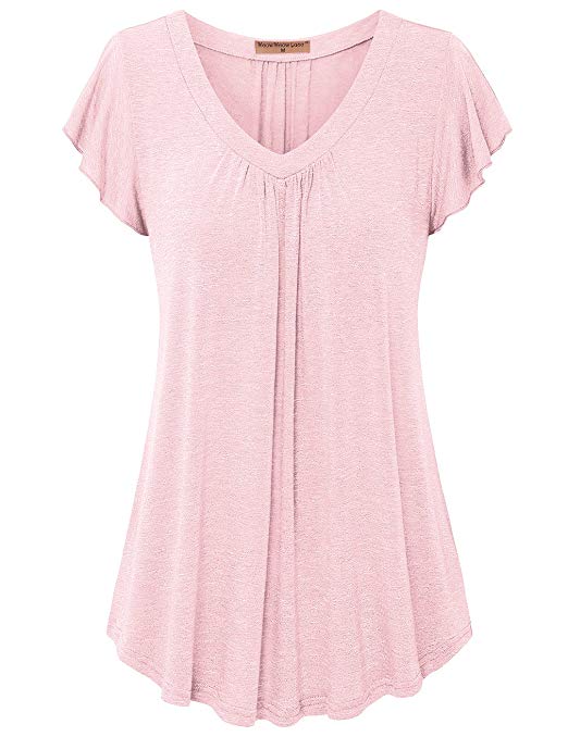 Women's Pleated Short Sleeve Blouse Top Tunic Shirt