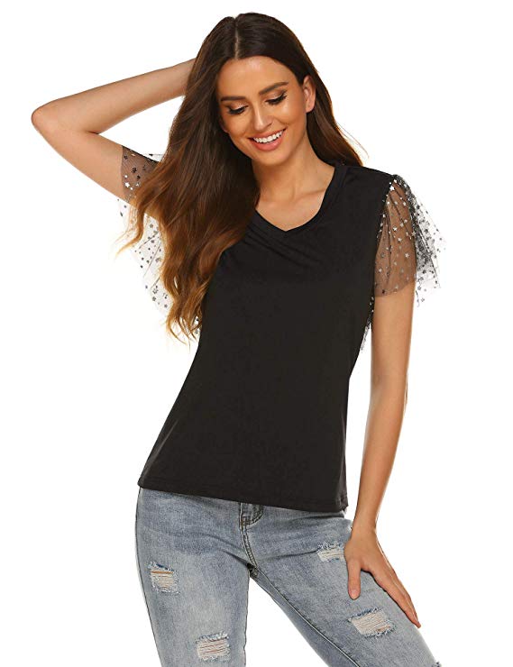 Womens V Neck Sheer Floral Lace Tops Sexy Short Sleeve Shirts