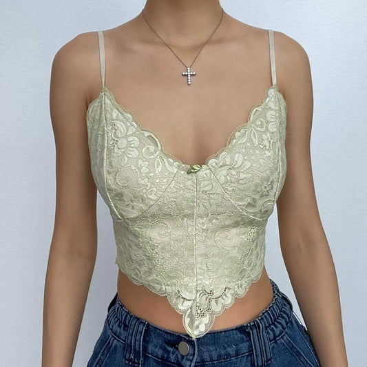 Lace v neck backless flower applique contrast cami crop top