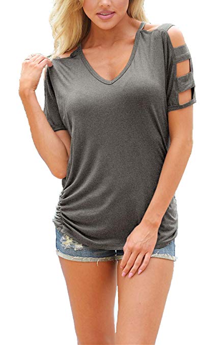 Neck T Shirts Loose Cut Out Shoulder Tops