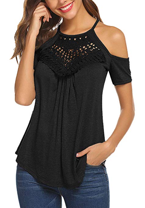 Women's Casual Short Sleeve Flowy Lace Cold Shoulder Summer Tops Blouses Basic Tee Shirt