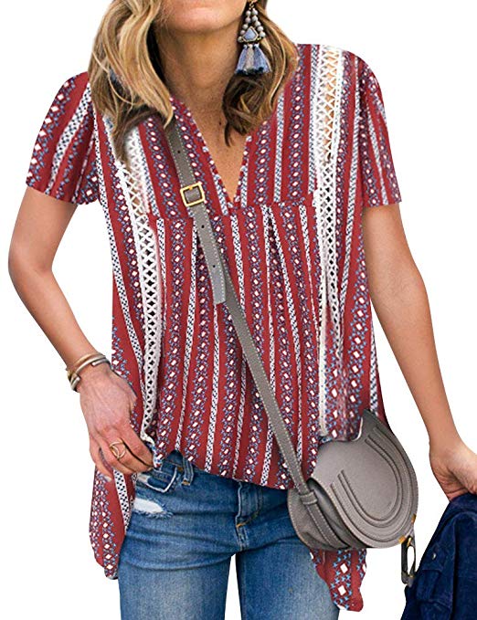 V Neck Hollow Out Floral Print Shirt Tops Long Blouse Tee