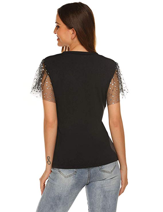 Womens V Neck Sheer Floral Lace Tops Sexy Short Sleeve Shirts