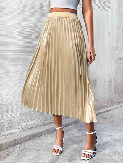 Pleated Gold Midi Skirt Cream bottoms clothes midi skirts Ship From Overseas skirt skirt set skirts Women's Bottoms Z&H