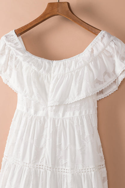 White Off-the-shoulder Ruffled Lace Maxi Dress