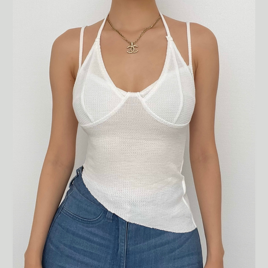 Waffle halter self tie irregular solid cami crop top