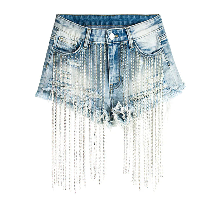 LONG TASSEL HIGH WAIST DRILL CHAIN DENIM SHORTS