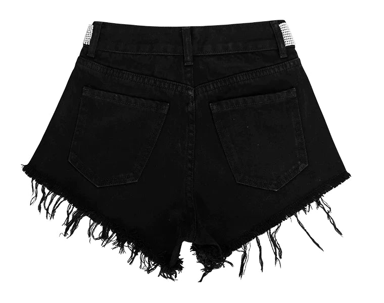 BLACK HIGH WAIST DRILL CHAIN DENIM SHORTS