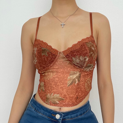 Sheer mesh hem lace print v neck crop cami top