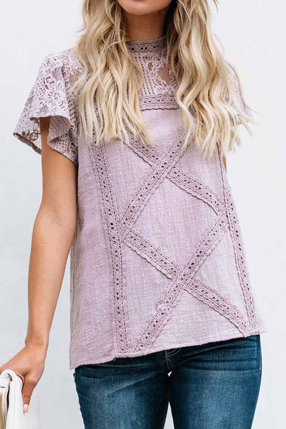 CityHottie Summer Geometric Stitching Lace Short Sleeves Tops